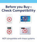 Image showing incompatible security systems with red X marks, advising on compatibility for the Wireless Glass Break Sensor Gonna Catch Window Shattering Up To 25 Ft Away Fast App Alerts.