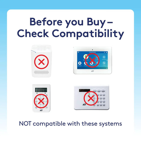 Image showing incompatible security systems with red X marks, advising on compatibility for the Wireless Glass Break Sensor Gonna Catch Window Shattering Up To 25 Ft Away Fast App Alerts.