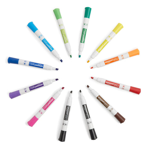Top Shelf Dry Erase Whiteboard Markers Featuring Slick Chisel Tips And Seriously Low Odor Ink In A Vibrant 12 Pack Assortment arranged in a circle.
