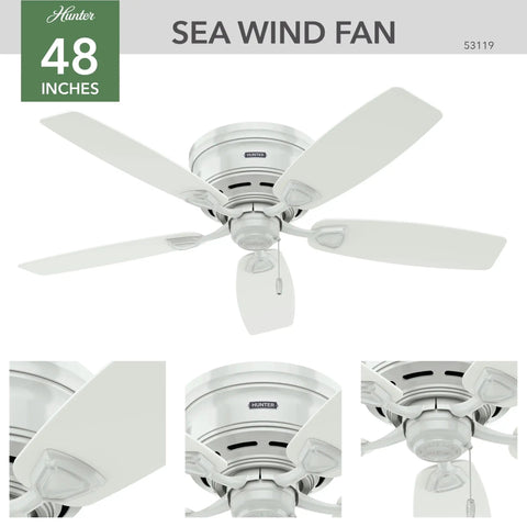Low Profile 48 Inch Ceiling Fan No Light For Indoor Or Outdoor Use Flush Mount Damp Rated White With Five Blades And Pull Chain