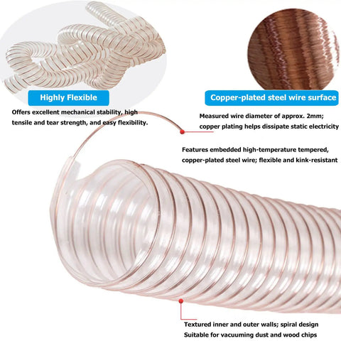 Flexible dust collector pipe with copper-plated steel wire, 2m heavy duty vacuum hose for woodworking and dust collection.