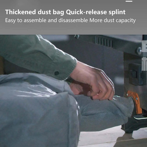 Heavy Duty Bench Mounted Circular Saw Featuring Knockout Precision Crosscut Gauge Side Extension And Smart Dust Pickup with thickened dust bag setup.