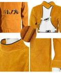 Leather Welding Apron With Sleeves Heavy Duty Welder Jacket Heat And Flame Resistant For Men Anti Flame Protection With High Collar And Rugged Cowhide Construction Workhorse Quality showing various features including tool pocket, back straps, high collar, and sleeve detail.
