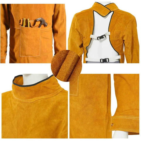 Leather Welding Apron With Sleeves Heavy Duty Welder Jacket Heat And Flame Resistant For Men Anti Flame Protection With High Collar And Rugged Cowhide Construction Workhorse Quality showing various features including tool pocket, back straps, high collar, and sleeve detail.
