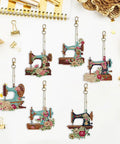Six Piece DIY 5D Sewing Machine Diamond Painting Keychain Kit Set Double Sided Special Shape Dope Accessory on white background