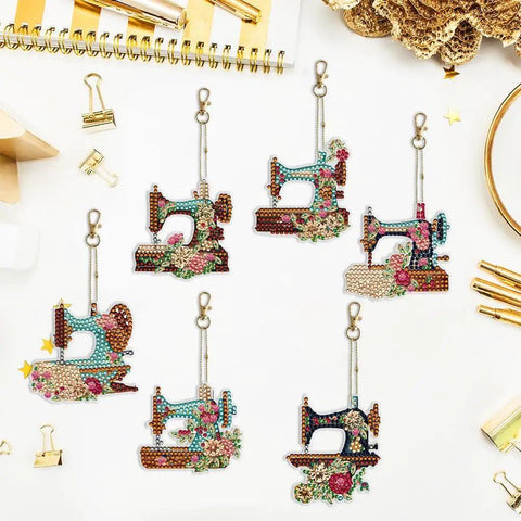 Six Piece DIY 5D Sewing Machine Diamond Painting Keychain Kit Set Double Sided Special Shape Dope Accessory on white background