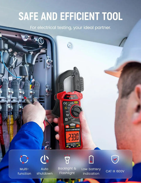 Pro Grade True RMS Clamp Meter Multimeter With D Shaped Jaw measuring voltage in an electrical box