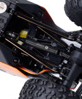 Heavy Duty Hardened Steel Extended Drive Shafts With D Shaped Ends For Axial AX24 XC1 RC Car Upgrade And Matching Upgraded Extended Chassis Suspension Links For Tight Connection And Stronger Performance underside view of RC car.