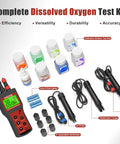All In One Water Quality Meter For Aquariums And Hydroponics With Dissolved Oxygen pH Salinity TDS EC And Temp Bluetooth Data Logging And Calibration Kit For Fish Tanks Ponds Brewing displaying probes and calibration solutions.