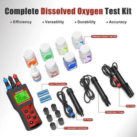 All In One Water Quality Meter For Aquariums And Hydroponics With Dissolved Oxygen pH Salinity TDS EC And Temp Bluetooth Data Logging And Calibration Kit For Fish Tanks Ponds Brewing displaying probes and calibration solutions.