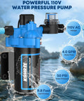 On Demand 110V AC Water Pressure Pump with 4 GPM at 50 PSI, self priming 3 chamber diaphragm pump featuring pressure switch and strainer