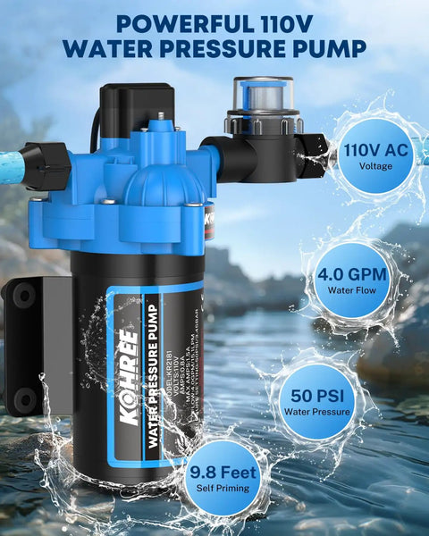 On Demand 110V AC Water Pressure Pump with 4 GPM at 50 PSI, self priming 3 chamber diaphragm pump featuring pressure switch and strainer