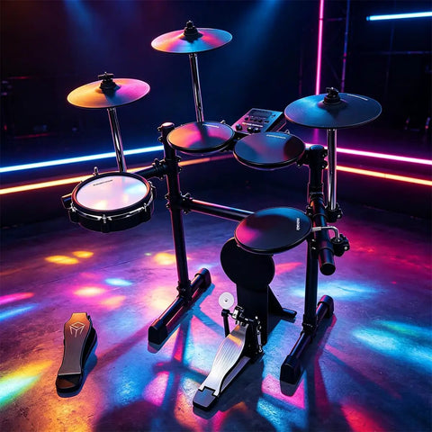 Eight Piece Electronic Drum Kit With Mesh Heads, Realistic Kick Pedal, Easy Assemble Rack, And Drum Module With 50 Kits setup