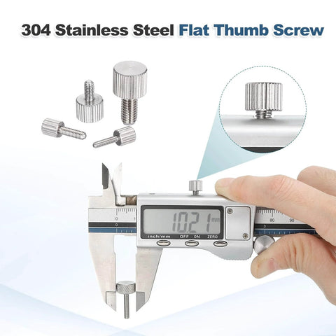 Beefy 10 Pcs M4 10mm Knurled Thumb Screws 304 Stainless Steel Flat Head Fully Threaded Thumbscrews shown with caliper measurement