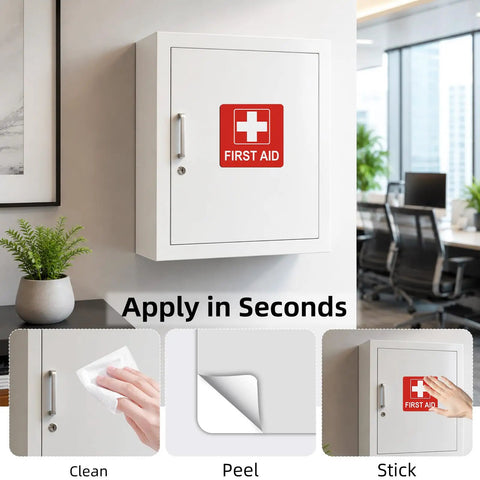 High Visibility First Aid Sticker Three Pack Reflective Sign Decals Five And A Half Inch By Five And A Half Inch With Bold White Medical Cross