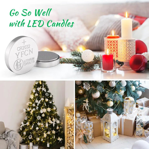 Top Shelf CR2032 3V Lithium Batteries 5 Pack next to LED candles and decorated Christmas tree with gifts.