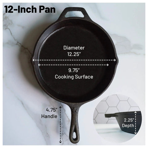 12 Inch Round Large Preseasoned Cast Iron Skillet Ready To Use Right Out Of The Box With Superior Heat Retention, top view