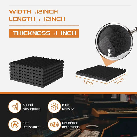 Badass Acoustic Foam Wall Panels Sound Absorbing Wedge Cut Studio Treatment 12x12x1 inch black foam, showcasing thickness and dimensions.