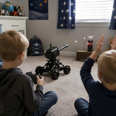 Children playing with 360 Degree Drifting RC Tank Kit For Teens And Beginners, Hands On STEM Robot Project With Simple Coding on carpet.