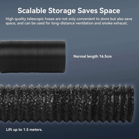 Smoke Exhaust Kit For Laser Engraver And 3D Printer Enclosure with scalable storage pipe, showing compressed and extended lengths