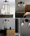 Retro Industrial 2-Light Wall Sconce Set With Dual 5.6 Inch Bell Shaped Clear Glass Lampshades, Black Finish; four room views