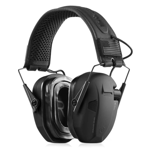 Apollo Electronic Earmuffs For Shooting With Gel Ear Pads 24 Decibel NRR Noise Cancelling Ear Protection Headset Built For Durability And All Day Comfort On The Range, black color, side view.