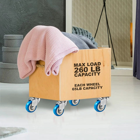 Wooden box on 8 Pack 2 Inch Swivel Plate Caster Wheels With Blue Polyurethane Wheels Durable Swivel Casters For Carts And Furniture