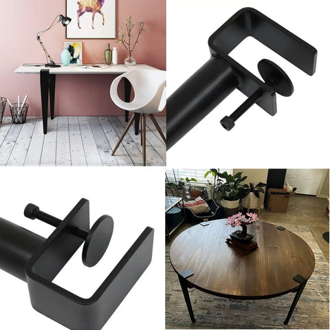 Four Piece Heavy Duty Adjustable Metal Table Legs With Telescoping Clamp For No Fuss Desk Build Supports Two Hundred Pounds close-up of clamp and tabletop.