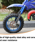 Front view of blue mini dirt bike with Front Disc Brake Caliper With Pads for 50cc 47cc 49cc, installed on front wheel