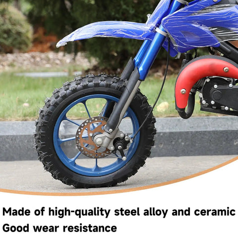 Front view of blue mini dirt bike with Front Disc Brake Caliper With Pads for 50cc 47cc 49cc, installed on front wheel