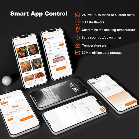 App interface for Smart Wireless Meat Thermometer With WiFi And Bluetooth For Smoker Oven And Grill, showing cooking options.