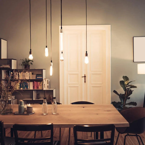 Hanging Edison bulbs in dining area with 100-Piece Plastic Cable Gland Kit For DIY Hanging Lights And Ceiling Installations Cable Grips Connectors