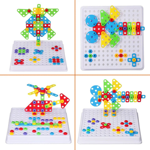 Electric Toy Drill With 193 Plus Pieces For Creative Build Projects For Kids Ages Three To Eight Includes Screws Nuts And Rainbow Fasteners Plus 34 Plus Build Ideas To Boost STEM Skills And Hand Eye Coordination showcasing colorful assembled models on white peg boards.
