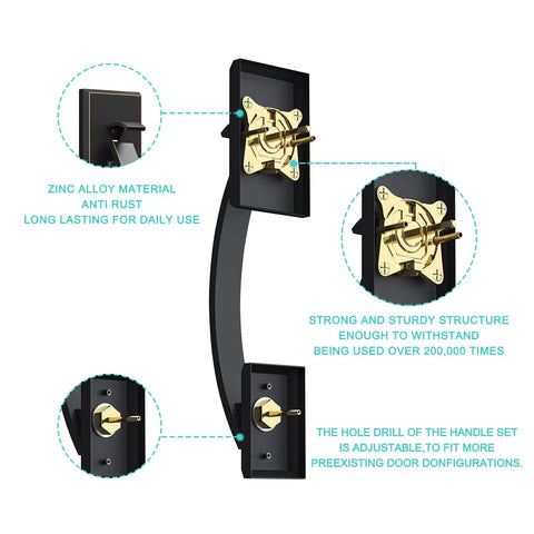 Oil Rubbed Bronze Double Door Handleset With Lever On One Side And Dummy On The Other For Front Or Office Doors Keyed Entry And Dummy Lock Set Heavy Duty Construction EZ Install showing adjustable zinc alloy structure