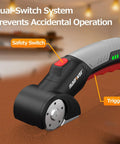 Close-up of Smooth Cutting Cordless Electric Scissors with safety switch and trigger for cardboard and leather cutting.