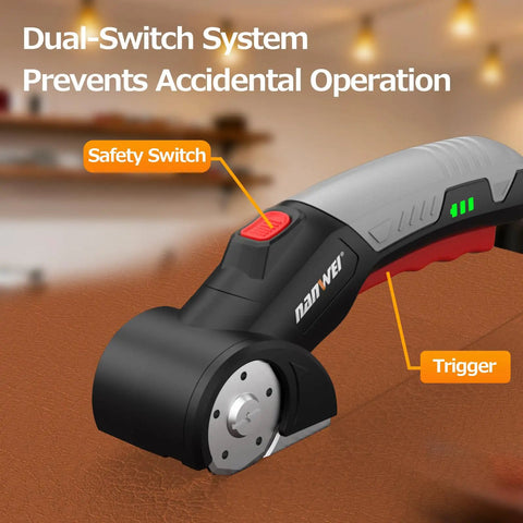 Close-up of Smooth Cutting Cordless Electric Scissors with safety switch and trigger for cardboard and leather cutting.