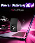 Power Delivery 90W laptop charger, 15-tip AC adapter, shown with plug and notebook for fast charging