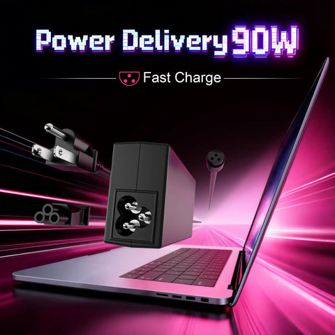 Power Delivery 90W laptop charger, 15-tip AC adapter, shown with plug and notebook for fast charging