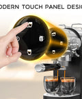 User interacting with touch panel of No Fuss Twenty Bar Semi Automatic Espresso Machine for coffee preparation.