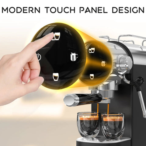 User interacting with touch panel of No Fuss Twenty Bar Semi Automatic Espresso Machine for coffee preparation.