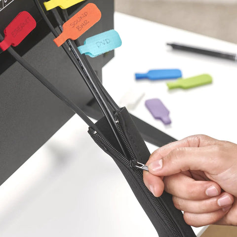Zippered Cable Sleeve 24x4 Inches, 4-Pack Black, organizing and concealing wires behind a desk with a simple zip design.