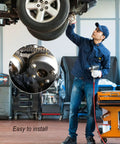 Engine timing camshaft sprocket tool for Hyundai/Kia; blue mechanic under a lifted car with a close-up cam gear view