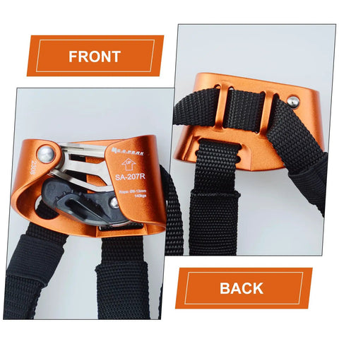 Front and back of Upgraded Foot Ascender For Rope 8-13mm Right Foot 4kN Load Orange Beast Rock Climbing Gear with straps