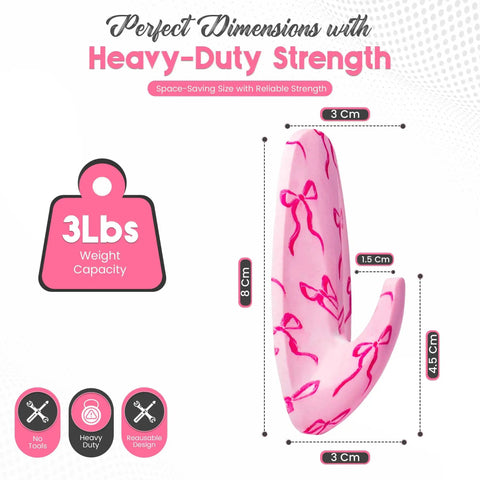 Totally Dope Pink Bow Adhesive Wall Hooks With Heavy Duty Grip Strips For Drama Free Peel And Stick Mounting, 8x3 cm size