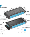 Diagram of the Maxed-Out 49800mAh Solar Power Bank with labeled features: LED Flashlight, USB Ports, Solar Panel, and Carabiner Clip.