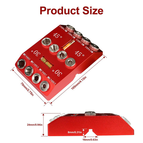 Multi Angle Drill Guide Jig With 30 45 90 Degree Options, Bubble Level For Precise Straight And Angled Holes, shown in size dimensions