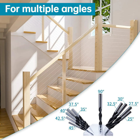 Upgraded Multi Angle Drill Guide For DIY Cable Railing Kit With 25 30 35 40 45 And 90 Degree Holes Visible Template Jig For Wood Posts Includes 4 Drill Bit Sizes For Straight And Angled Holes On Stairs shown with staircase railing and drill bits