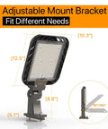 Beefed Up 150W LED Parking Lot Light With Adjustable Arm Mount, shown in front view with size dimensions labeled