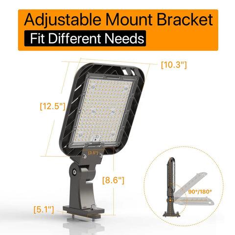 Beefed Up 150W LED Parking Lot Light With Adjustable Arm Mount, shown in front view with size dimensions labeled