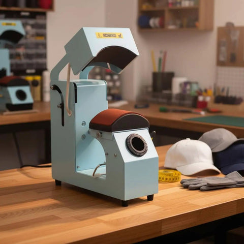 MVQJSUCI 2 In 1 Cap Hat Press Machine With Electric Automation, light blue with brown platen, on workspace countertop.